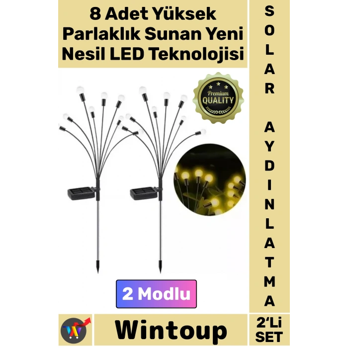 #Solar Güneş Enerjili Su Geçirmez Dış Mekan Dekoratif 8 Ledli 2 Modlu 2li Solar Bahçe Aydınlatması
