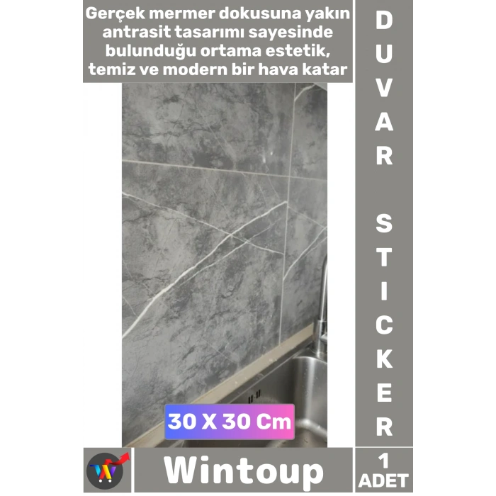 #Sticker Kendinden Yapışkanlı Su Geçirmez Banyo Mutfak 30x30 Antrasit Mermer Desenli Duvar Stickerı