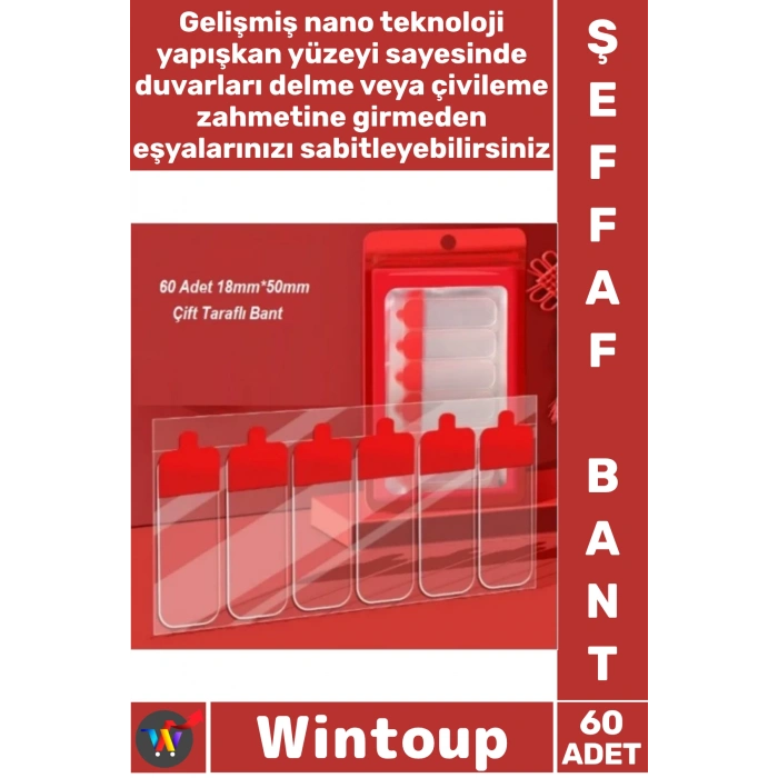 #Bant Şeffaf Nano Montaj Sabitleme 60 Parça Kolay Açılır Güçlü Çift Taraflı Bant 18 Mm x 50 Mm