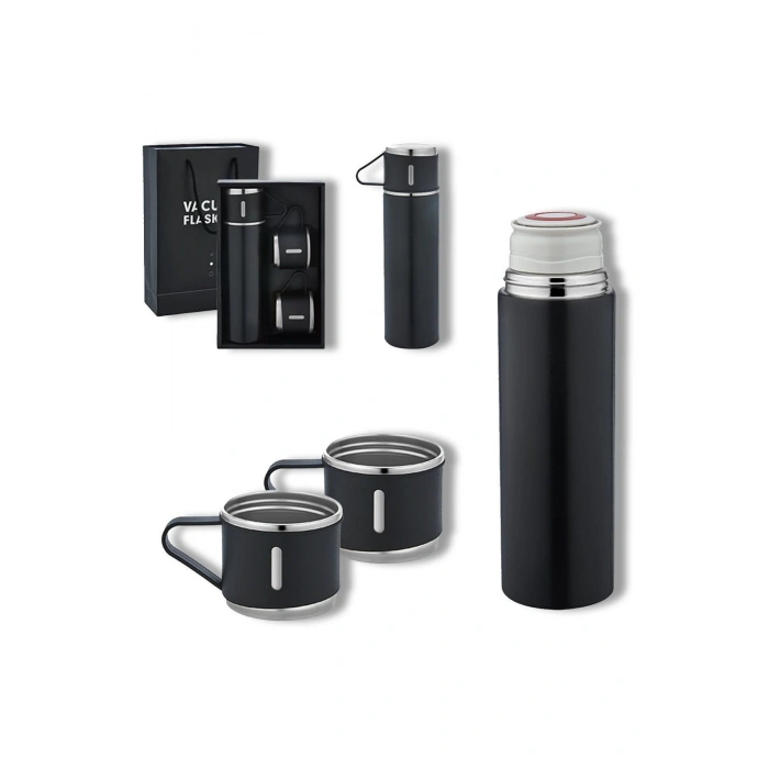 Paslanmaz Çelik 500ml 3 Bardaklı Sızdırmaz Termos Seti-Siyah, Vakumlu Termos Set