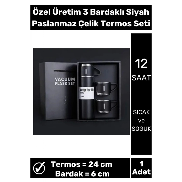 Özel Üretim 3 Bardaklı Uzun süre sıcak soğuk tutan Siyah Paslanmaz Çelik 500 ML Termos Seti