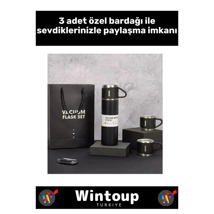 Özel Üretim 3 Bardaklı Uzun süre sıcak soğuk tutan Siyah Paslanmaz Çelik 500 ML Termos Seti