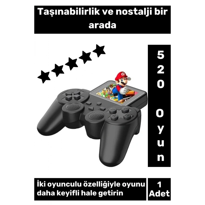 520 Nostalji Oyunlu Mini Atari Gameboy gamebox Çift Oyuncu Oyun Konsolu Siyah