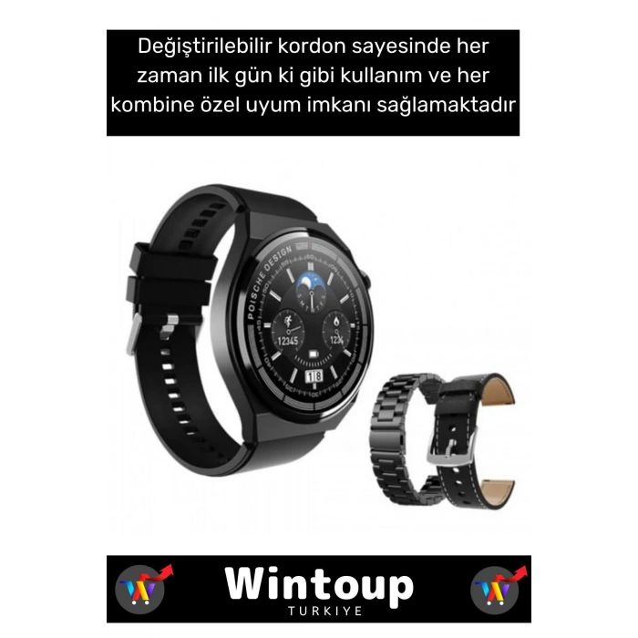 IOS Android Siyah Gümüş 3 Kordonlu Akıllı Saat Smartwatch