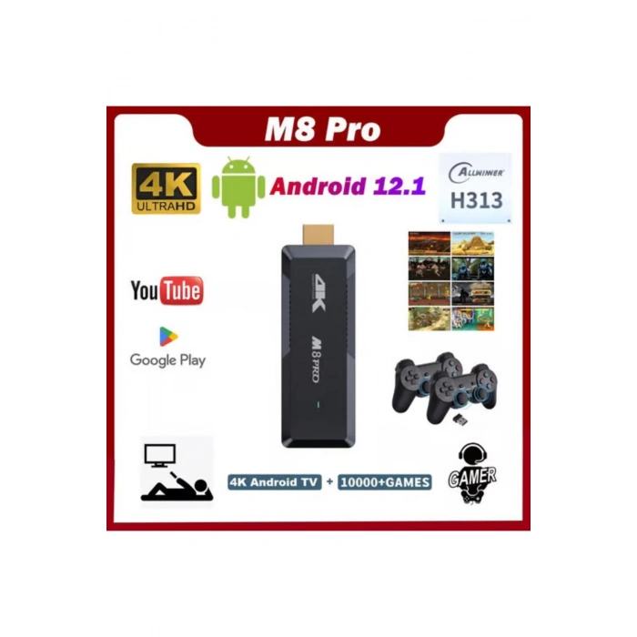 8k Android TV Wifi Kablosuz Çift Kol Retro Oyunlar Game Stick 64gb Hafıza 10000 Oyun Atari