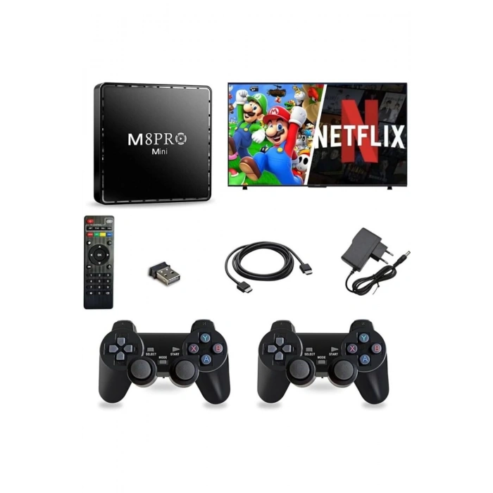 8k Android TV Wifi Kablosuz Çift Kol Retro Oyunlar Game Stick 64gb Hafıza 10000 Oyun Atari