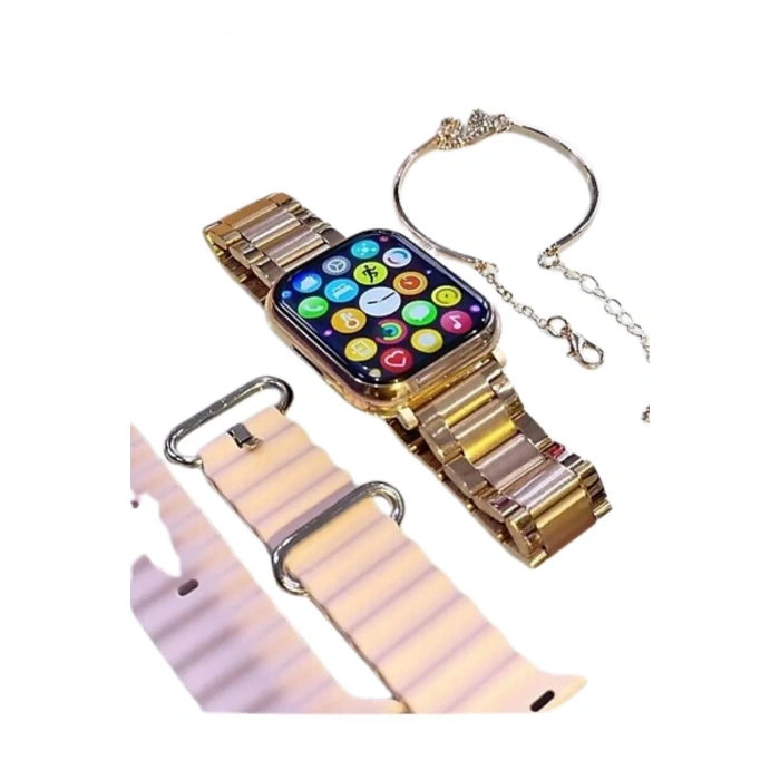 Android&IphoneUyumlu Sesli Arama Bildirim Asistan Özellikli 3 Strap+Bileklik Kadın Akıllı Saat