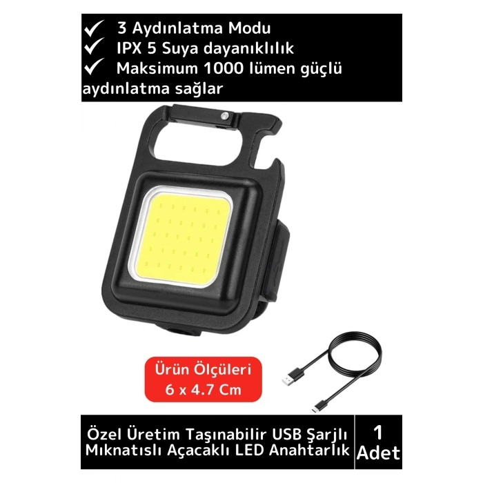 Premium USB Şarjlı 3 Mod Açacaklı El Feneri Mıknatıslı 1000 Lümen Cep Boy LED Anahtarlık