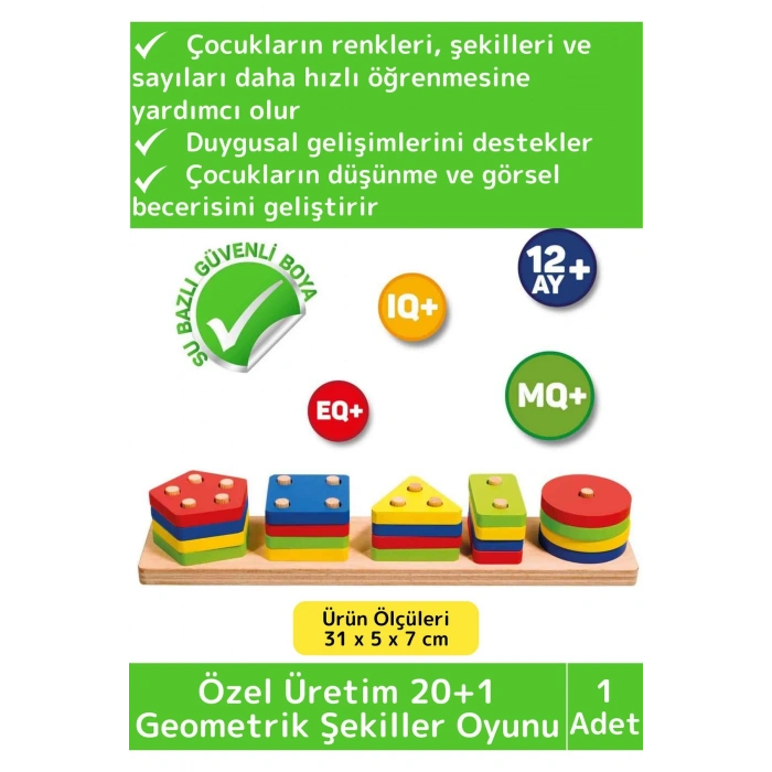 Premium Zeka Geliştirici Eğitici Öğretici Kişisel Gelişim Çocuk Ahşap 20+1 Geometrik Şekiller Oyunu