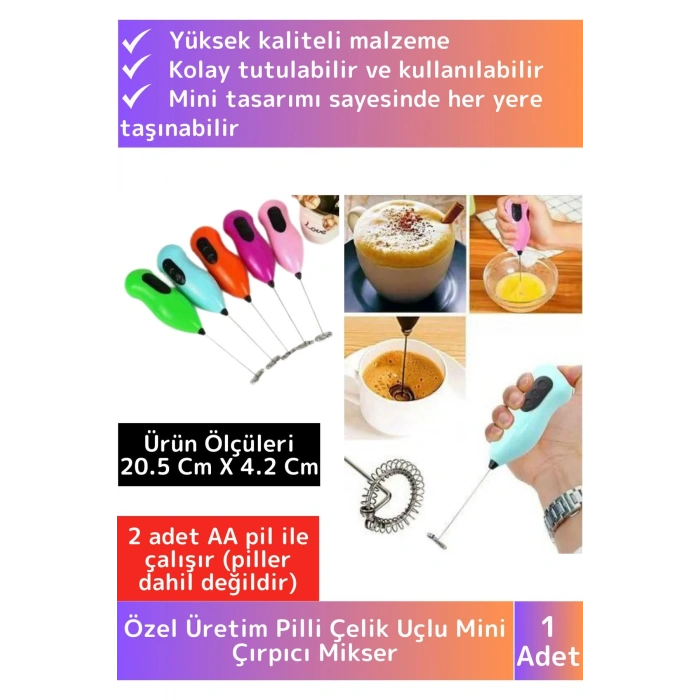 Özel Çelik Uçlu Pilli Soğuk Kahve Süt Köpürtücü Sos Krema Mama Yumurta Çırpıcı Mini Mikser Mixer