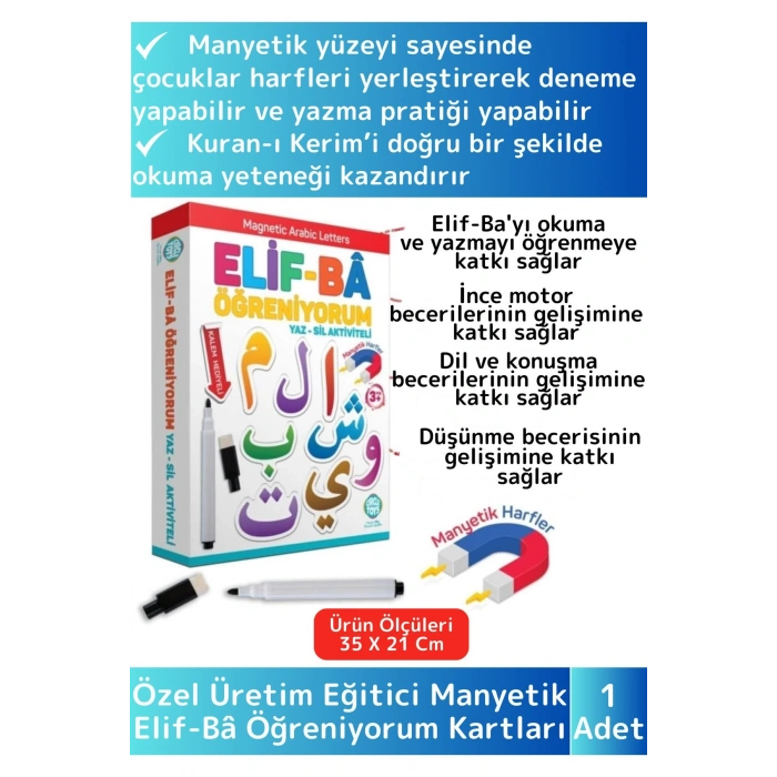 Premium Zeka Geliştirici Eğitici Elif-Bâ Öğreniyorum Yaz-Sil Manyetik Arapça Harfler Arabic Letters