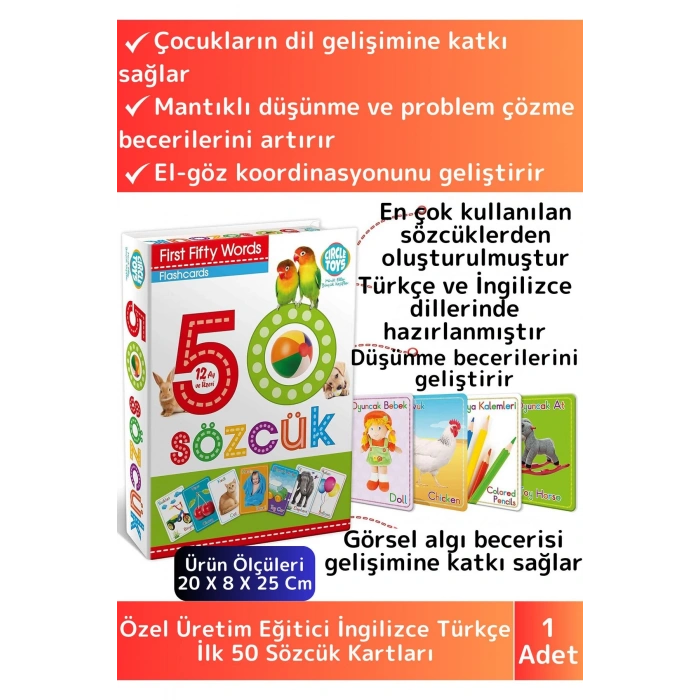 Premium Eğitici Zeka Geliştirici Yabancı Dil Öğretici Çocuk İlk 50 Sözcük İngilizce Türkçe Kartlar