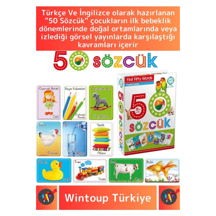 Premium Eğitici Zeka Geliştirici Yabancı Dil Öğretici Çocuk İlk 50 Sözcük İngilizce Türkçe Kartlar