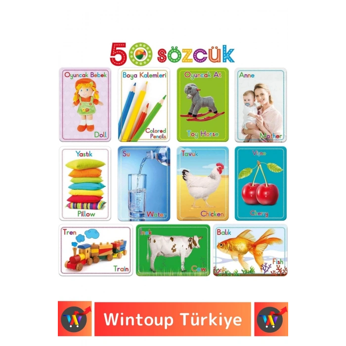 Premium Eğitici Zeka Geliştirici Yabancı Dil Öğretici Çocuk İlk 50 Sözcük İngilizce Türkçe Kartlar
