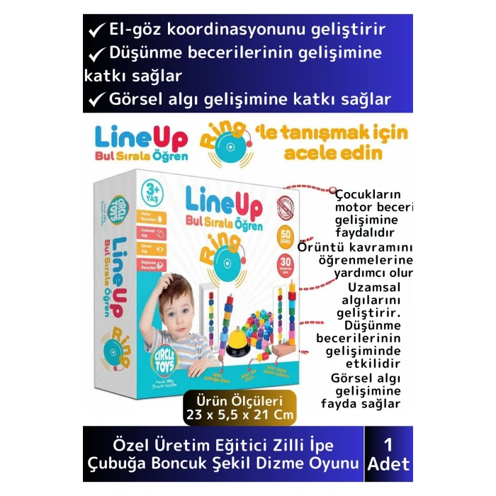 Premium Görsel Algı Dikkat Zeka Geliştiren Eğlenceli Zilli İpe Çubuğa Boncuk Şekil Dizme Oyunu