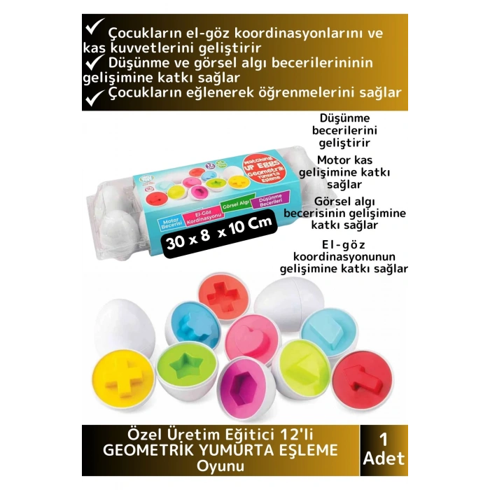Premium Çocuk Eğitici El Göz Koordinasyonu Zeka Geliştirici 12li Geometrik Yumurta Eşleme Oyunu