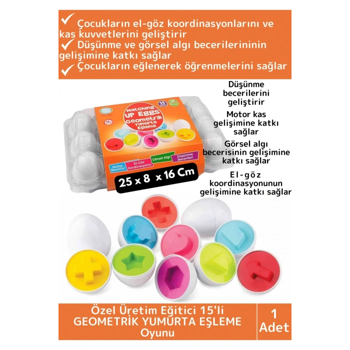 Premium Çocuk Eğitici El Göz Koordinasyonu Zeka Geliştirici 15li Geometrik Yumurta Eşleme Oyunu