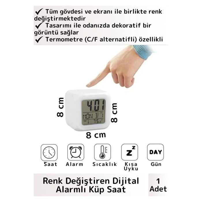 Premium Dekoratif Küp Termometre Takvimli 7 Renk Değiştiren Dijital Alarmlı Küp Masa Çalar Saat