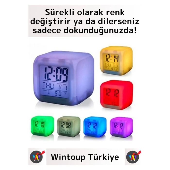 Premium Dekoratif Küp Termometre Takvimli 7 Renk Değiştiren Dijital Alarmlı Küp Masa Çalar Saat