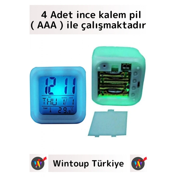 Premium Dekoratif Küp Termometre Takvimli 7 Renk Değiştiren Dijital Alarmlı Küp Masa Çalar Saat