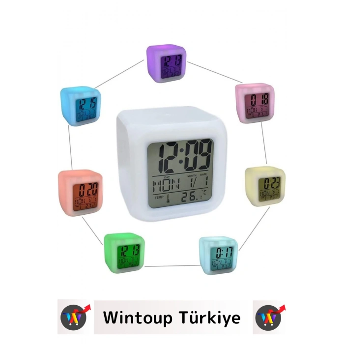 Premium Dekoratif Küp Termometre Takvimli 7 Renk Değiştiren Dijital Alarmlı Küp Masa Çalar Saat