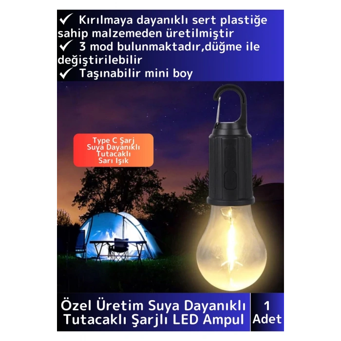Premium 3 Modlu Suya Dayanıklı Kablosuz Askılı Kırılmaz Kamp Aydınlatma Şarjlı Taşınabilir LED Ampul