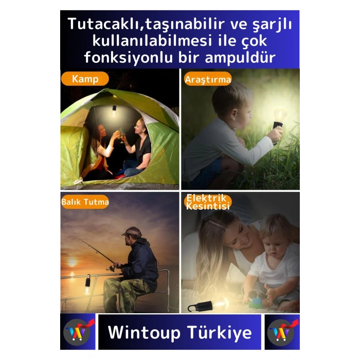 Premium 3 Modlu Suya Dayanıklı Kablosuz Askılı Kırılmaz Kamp Aydınlatma Şarjlı Taşınabilir LED Ampul
