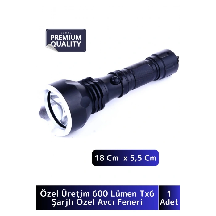 Luxery 250 Metre Yüksek Mesafe Işık Güçlü Beyaz Aydınlatma 600 Lümen Tx6 Şarjlı Özel Avcı El Feneri