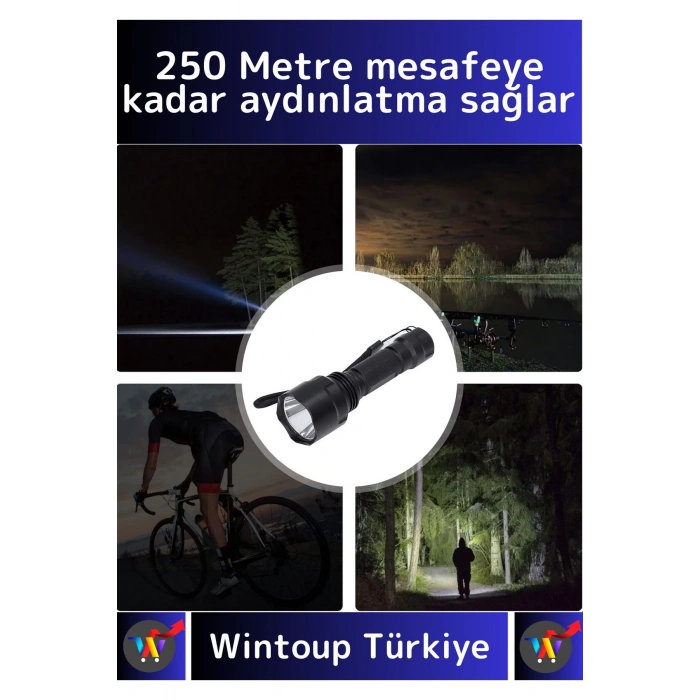 Luxery 250 Metre Yüksek Mesafe Işık Güçlü Beyaz Aydınlatma 600 Lümen Tx6 Şarjlı Özel Avcı El Feneri