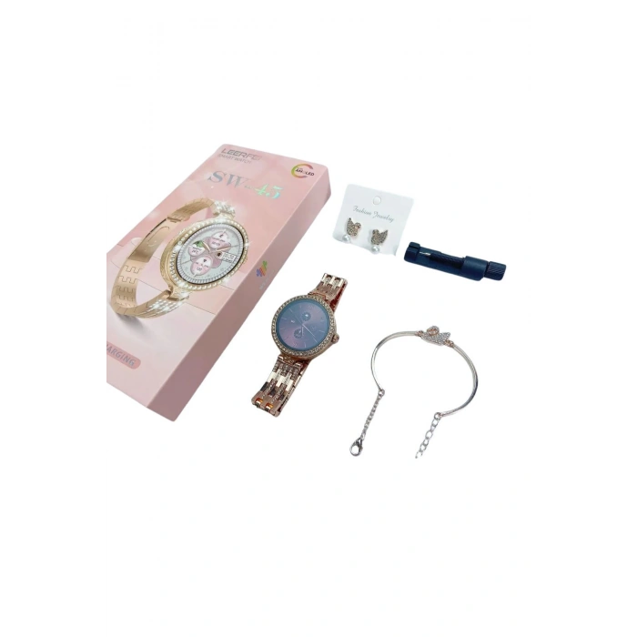 Premium SW 45 Watch Ayarlanabilir Kordon Özellikli Taşlı Tasarım Küpe/Bileklik Hediyeli Kadın Saat