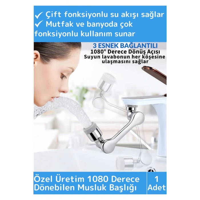 Özel Üretim Uzun Ömürlü 1080 Derece Dönebilen Çift Modlu Metal Görünümlü Akrobat Musluk Ucu Başlığı