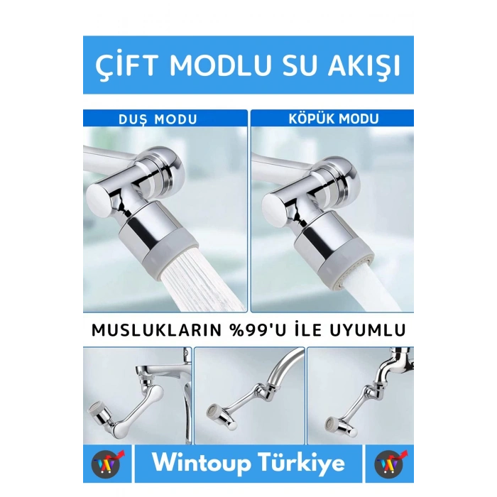 Özel Üretim Uzun Ömürlü 1080 Derece Dönebilen Çift Modlu Metal Görünümlü Akrobat Musluk Ucu Başlığı