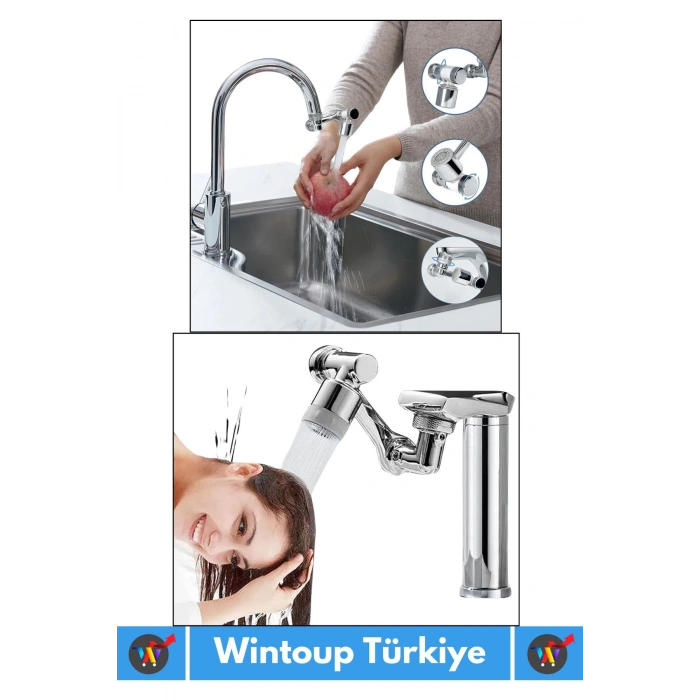 Özel Üretim Uzun Ömürlü 1080 Derece Dönebilen Çift Modlu Metal Görünümlü Akrobat Musluk Ucu Başlığı