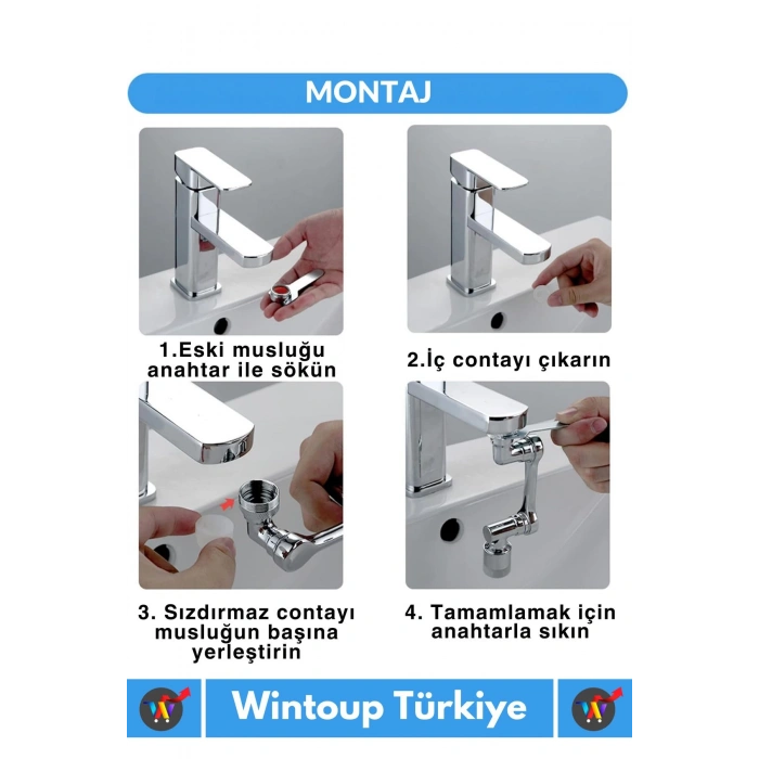 Özel Üretim Uzun Ömürlü 1080 Derece Dönebilen Çift Modlu Metal Görünümlü Akrobat Musluk Ucu Başlığı
