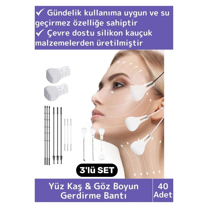 Premium Günlük Kullanım Suya Dayanıklı İpli Yüz Kaş&Göz Vücut Gıdı Gerdirme Bandı 3lü Set 40 Adet