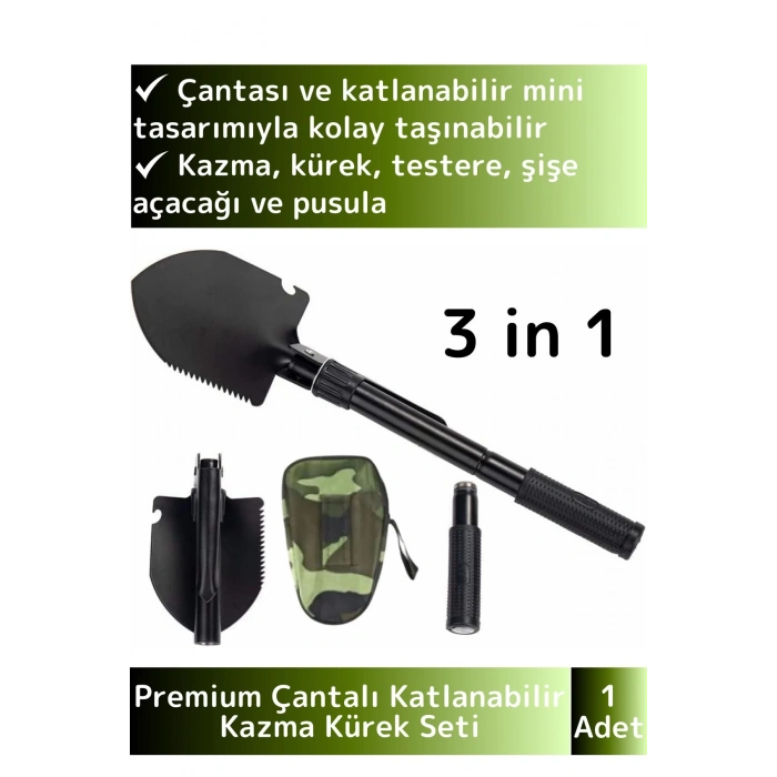 Özel Tasarım Portatif Kamp Deprem Taşınabilir Pusulalı Çantalı Katlanabilir Mini Kazma Kürek Seti