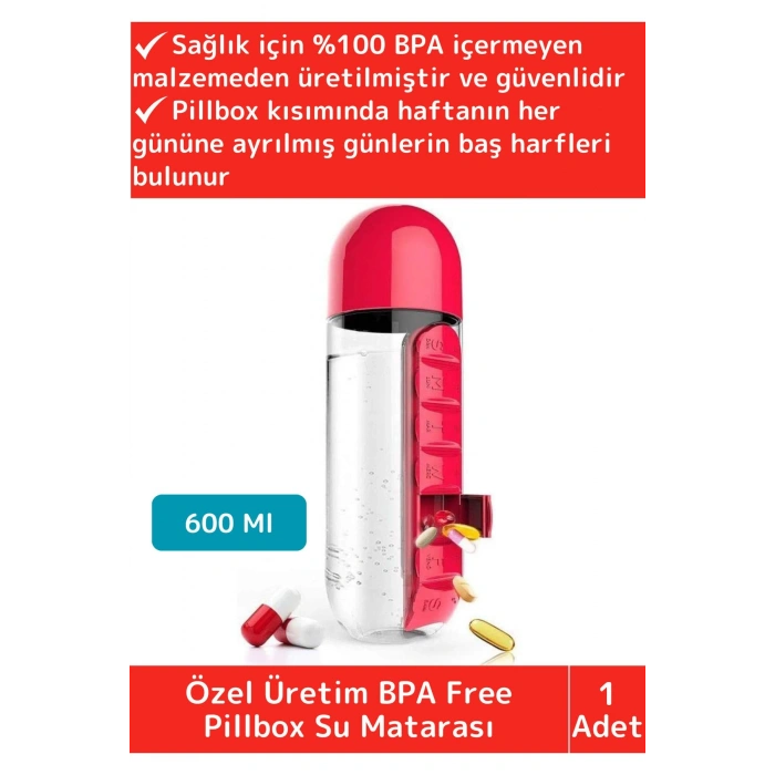 Premium Uzun Ömürlü %100 BPA Free Hap Bölmeli İlaç Kutusu Pillbox Su Matarası 600 Ml Suluk