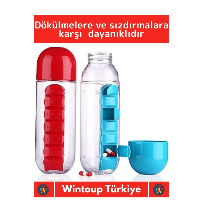 Premium Uzun Ömürlü %100 BPA Free Hap Bölmeli İlaç Kutusu Pillbox Su Matarası 600 Ml Suluk