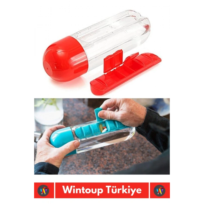 Premium Uzun Ömürlü %100 BPA Free Hap Bölmeli İlaç Kutusu Pillbox Su Matarası 600 Ml Suluk