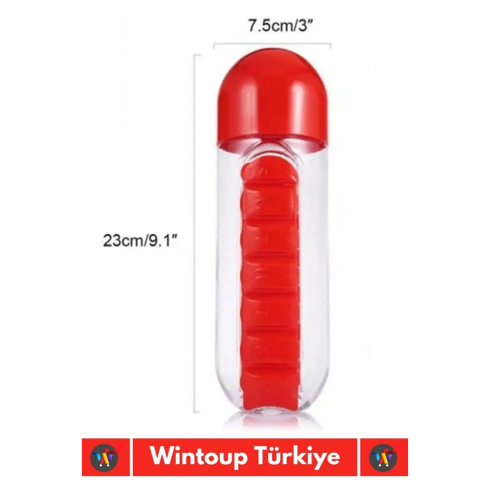 Premium Uzun Ömürlü %100 BPA Free Hap Bölmeli İlaç Kutusu Pillbox Su Matarası 600 Ml Suluk