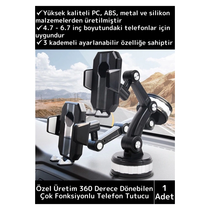 Premium Kompakt 4.7-6.7 İnç 360 Derece Dönebilen Ayarlanabilir 3 Kademeli Çok Amaçlı Telefon Tutucu