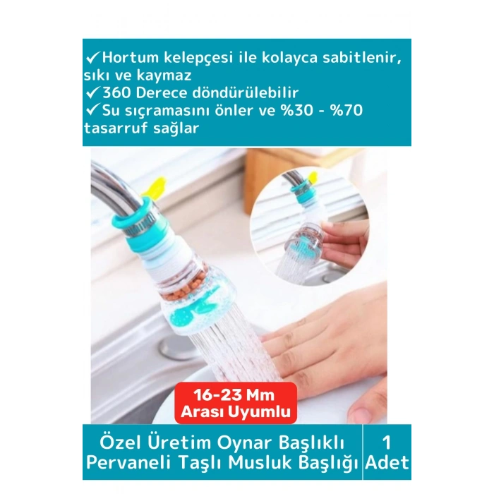 Özel Üretim 360 Derece Dönebilen Su Tasarruflu Oynar Başlıklı Pervaneli Taşlı Musluk Başlığı 1 Adet