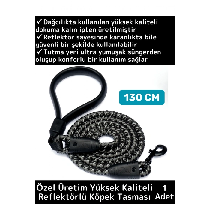 Özel Yüksek Kaliteli Ekstra Kalın Dağcı Dokuma İpli Esnek Yansıtma Reflektörlü Köpek Tasması 130 Cm