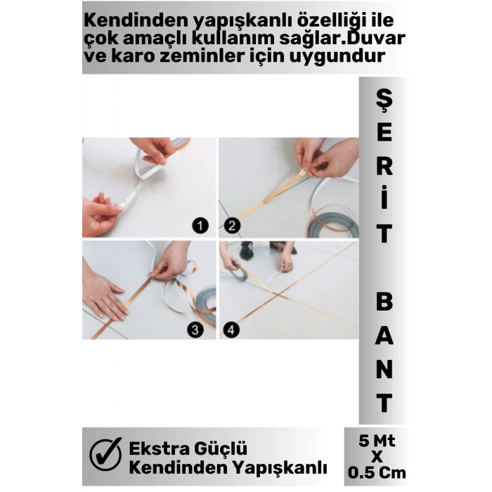 Yüksek Kaliteli Kendinden Yapışkanlı Duvar Karo Zemin 5 Mt X 0.5 Cm Gri Fayans Arası Şerit Bant 5 Ad