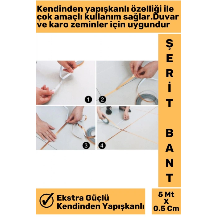 Yüksek Kaliteli Kendinden Yapışkanlı Duvar Karo Zemin 5 MtX0.5 Cm Gold Fayans Arası Şerit Bant 1 Ad