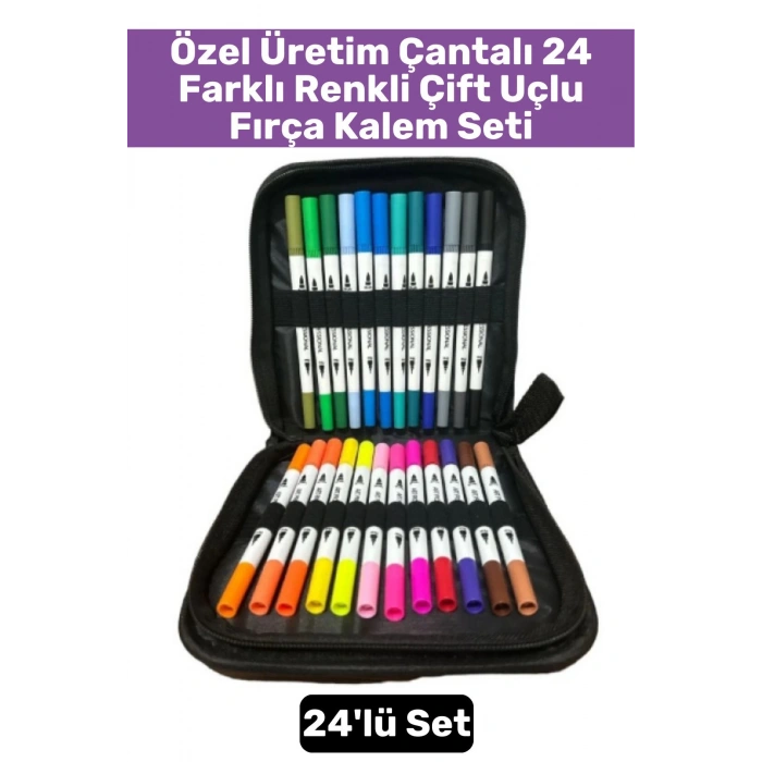 Yüksek Kaliteli Yoğun Pigmentli 24 Renkli Fermuarlı Çantalı Fırça&İnce Çift Uçlu Fırça Kalem Seti