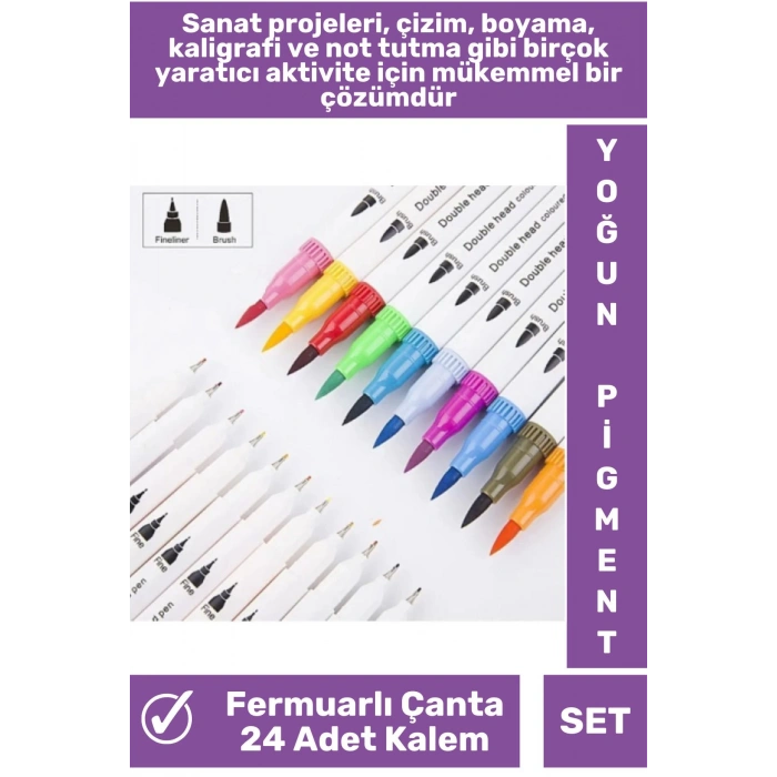 Yüksek Kaliteli Yoğun Pigmentli 24 Renkli Fermuarlı Çantalı Fırça&İnce Çift Uçlu Fırça Kalem Seti