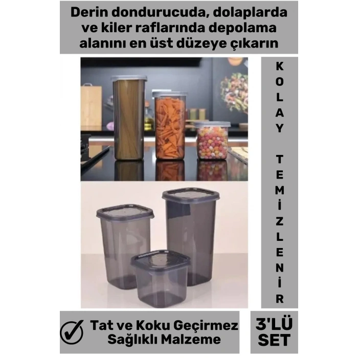 Özel Üretim Sağlıklı Dayanıklı Malzeme Tat Koku Geçirmez Esnek 3 Boy Gıda Erzak Saklama Kabı Seti