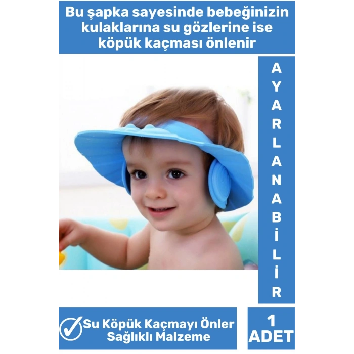 Premium Sağlıklı Malzeme Su Köpük Kaçma Önleyen Ayarlanabilir Düğmeli Kulaklıklı Bebek Banyo Şapkası