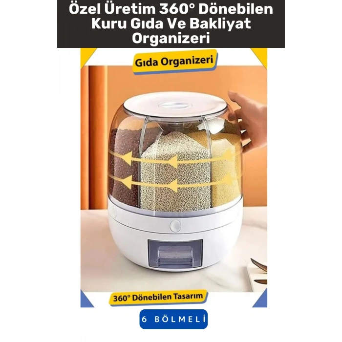 Yüksek Kaliteli Ergonomik Pratik 360° Döner 6 X 1 Lt Kapasiteli Mutfak Kuru Gıda Bakliyat Organizeri